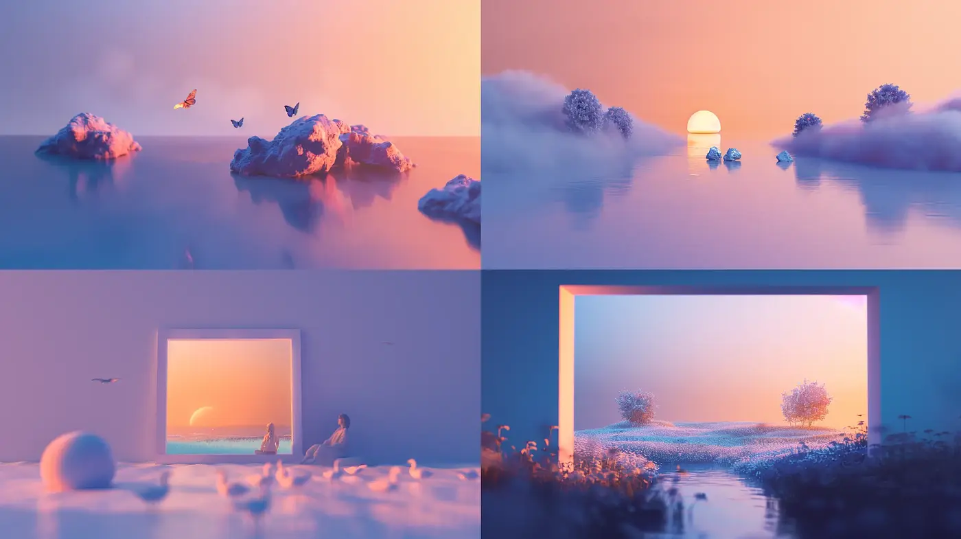 Serene Twilight Harmony: A Captivating Fusion of Dreamlike Hues and Tranquil Vistas - Midjourney sref style