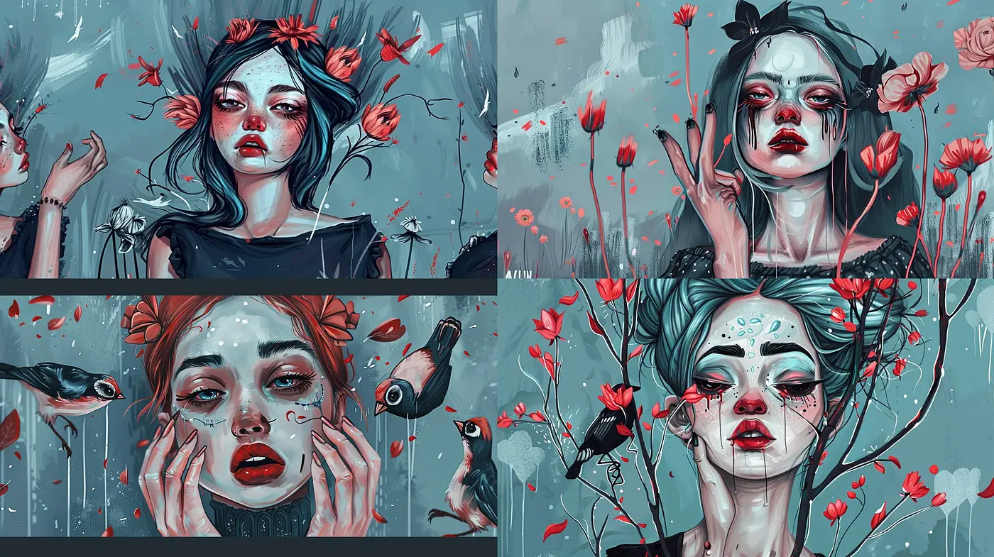 Ethereal Melancholia: A Dreamlike Fusion of Florals and Femmes in Surreal Shades - Midjourney sref style