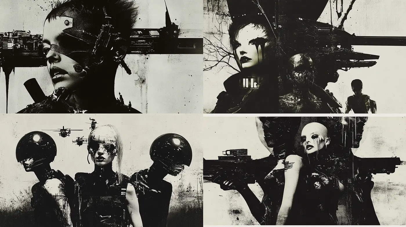 Monochrome Cyberpunk Dreamscape - Midjourney sref style
