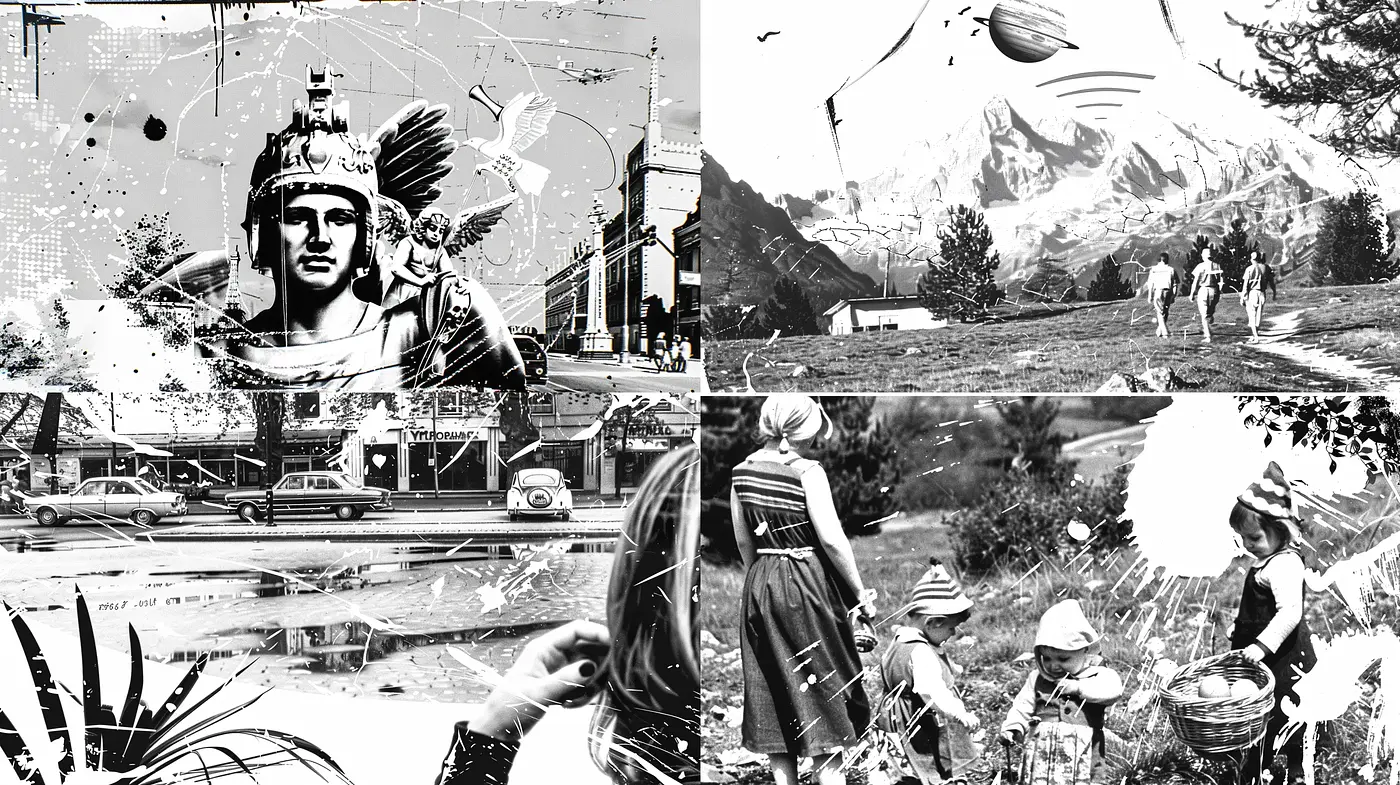 Monochromatic Nostalgia: Textures and Time Collide in a Grayscale Dreamscape - Midjourney sref style
