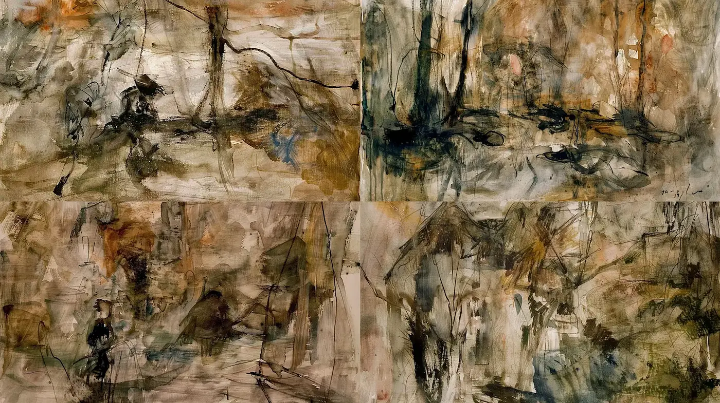 Abstractly Expressive Ink Wash Style with Organic Textures and Earthy Tones - Midjourney sref style