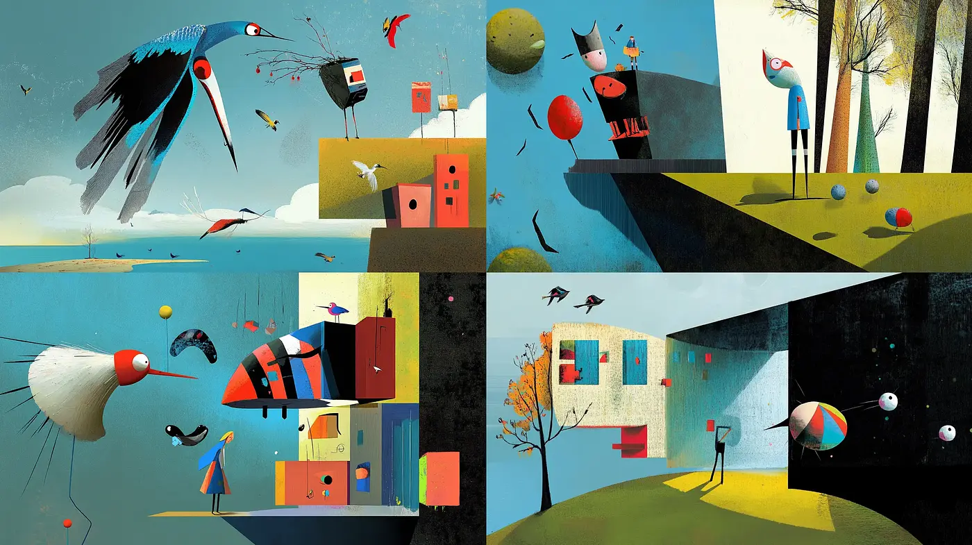 Surreal Geometric Playgrounds with Whimsical Avian Residents - Midjourney sref style