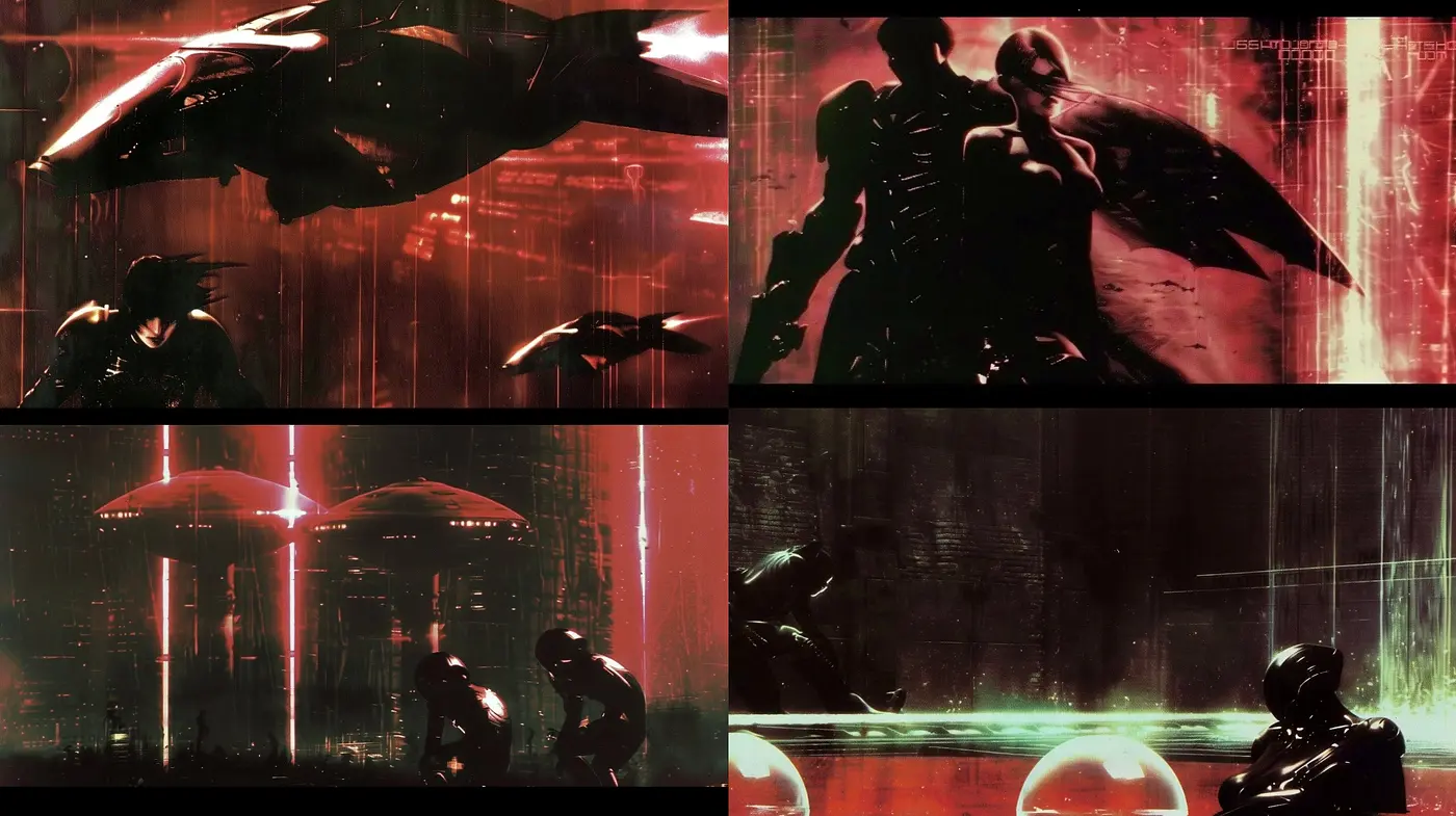 Noir-Infused Cyberpunk Dreamscape: A Consistent Palette of Dystopian Hues - Midjourney sref style