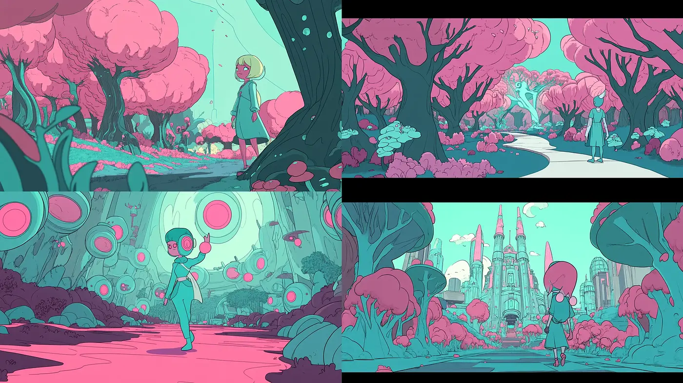 Whimsical Cyan and Magenta Dreamscape Visions - Midjourney sref style