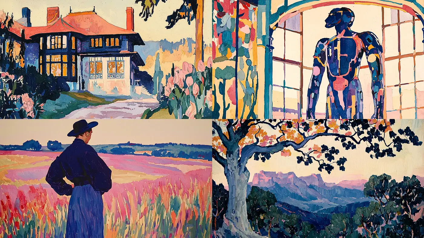 Post-Impressionist Reverie: A Vivid Tableau of Stylized Nature and Bold Contours - Midjourney sref style
