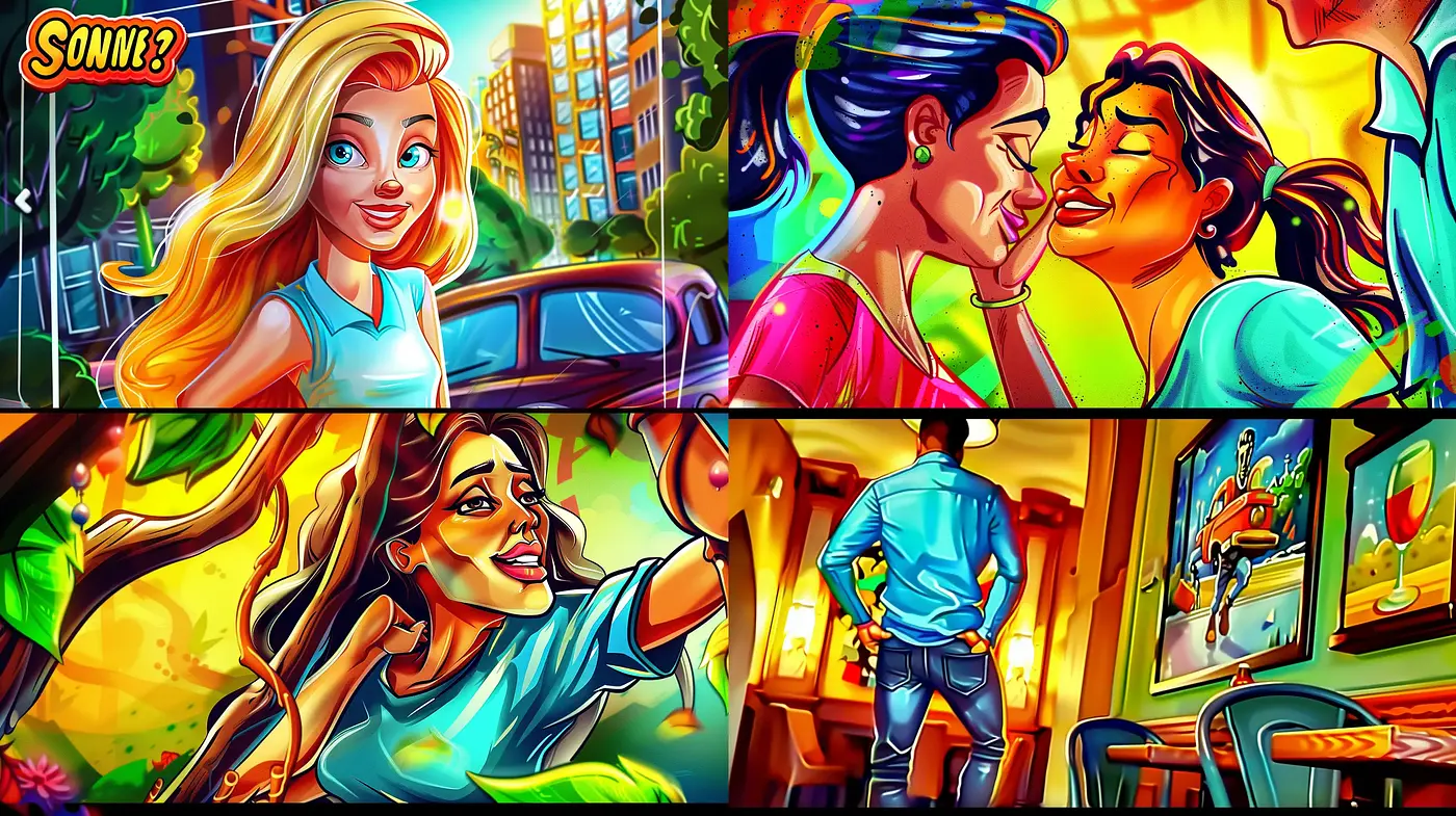 Lively Chromatic Narratives: A Fusion of Bold Lines and Pop Art Exuberance - Midjourney sref style