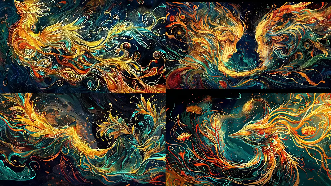 Vivid Swirling Dreamscape with Art Nouveau Influences - Midjourney sref style