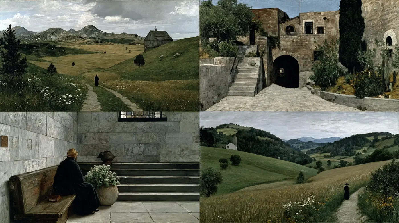 Natural Landscapes Merged with Quiet Human Presence and Architectural Grandeur - Midjourney sref style