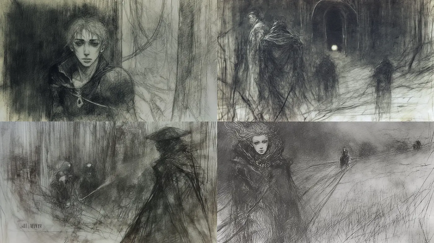 Ethereal Monochrome Dreamscape: A Study in Graphite and Shadows - Midjourney sref style