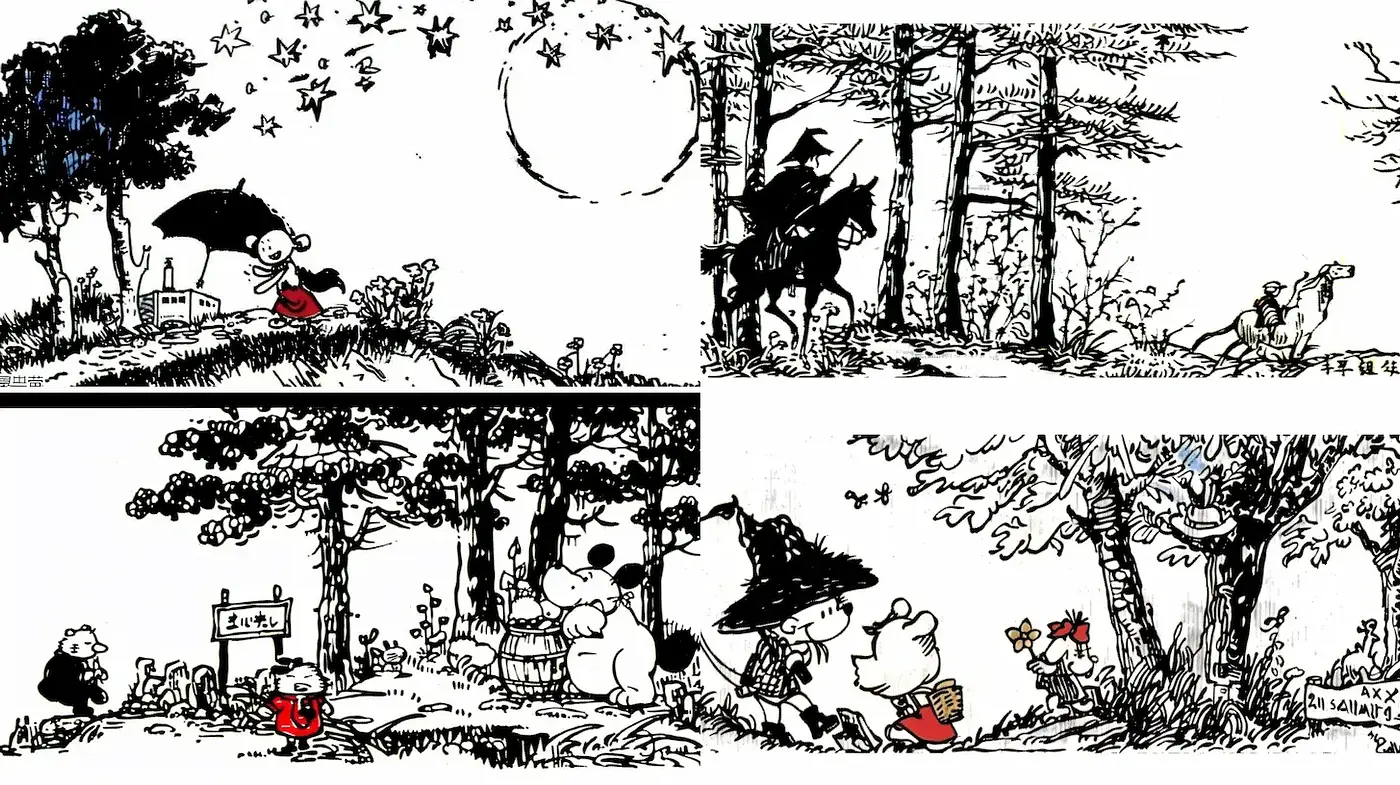 Playful and Whimsical Black and White Illustrative Style with Nature Elements - Midjourney sref style