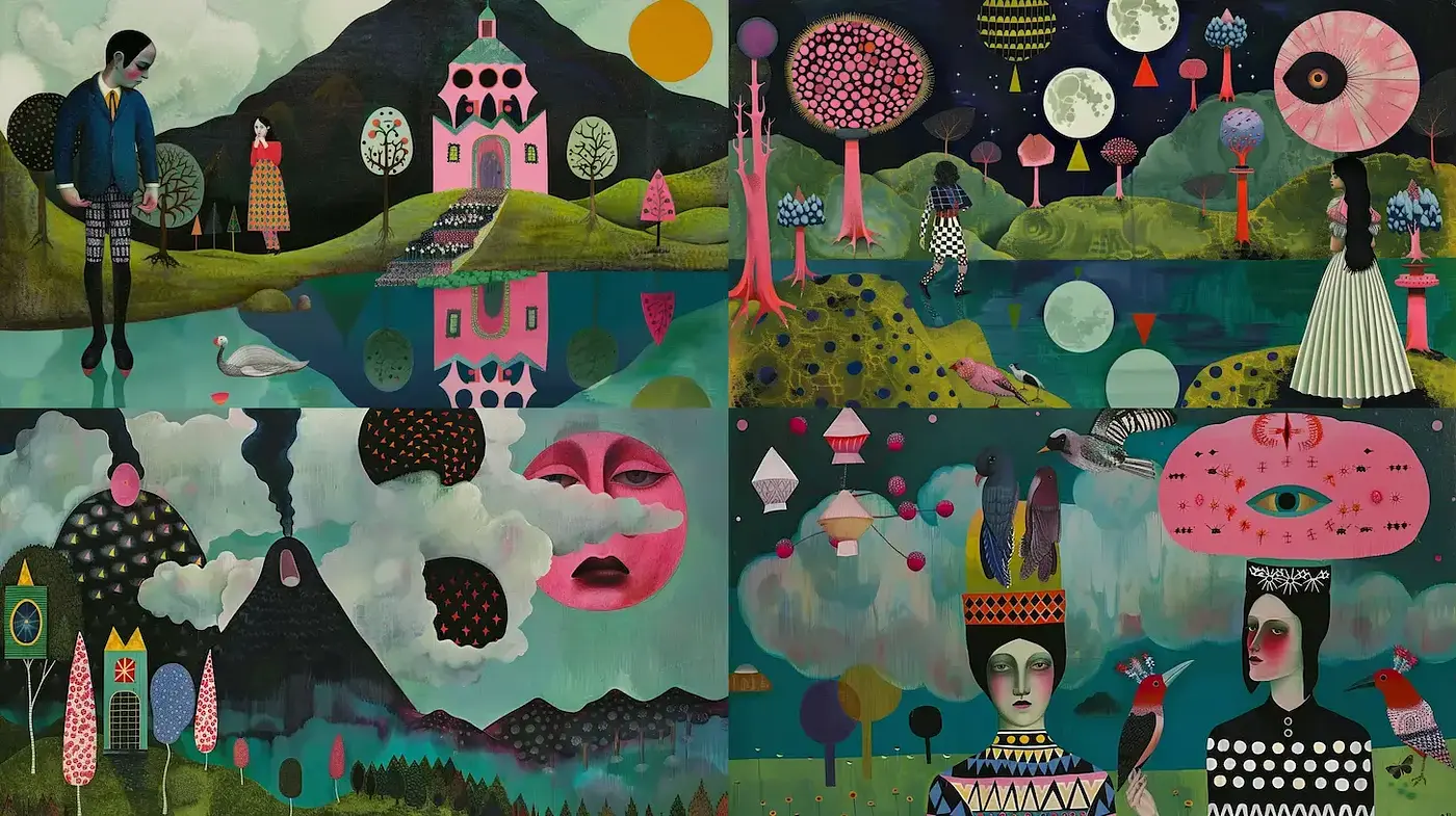 Surreal and Whimsical Dreamscapes with Bold Colors - Midjourney sref style