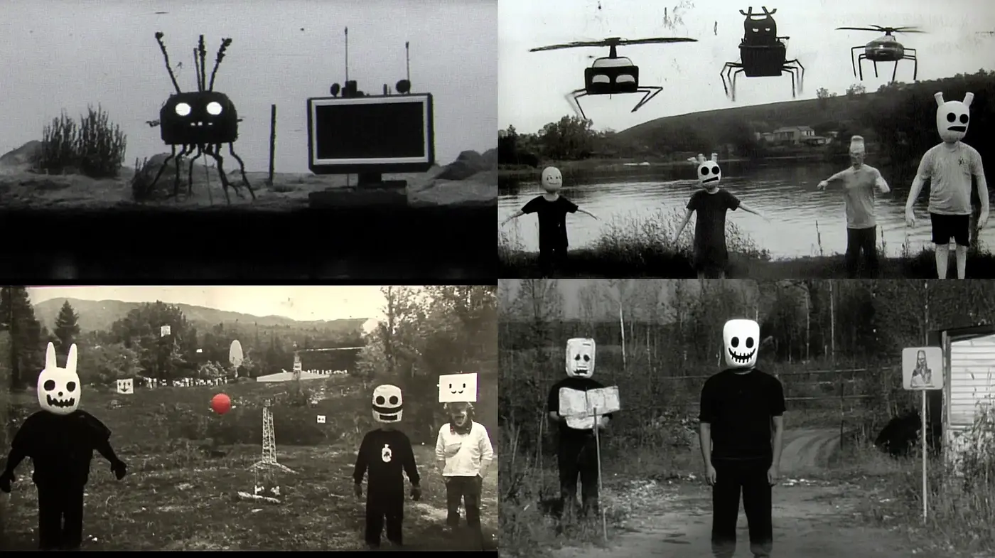 Surreal Monochrome Dreamscape with Television-Head Motifs - Midjourney sref style
