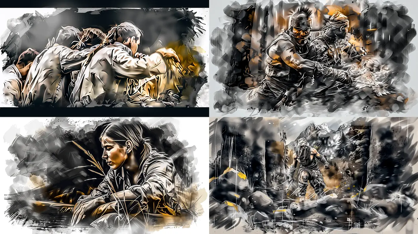 Dynamic Brushstroke Vignettes with Monochromatic and Gold Highlights - Midjourney sref style