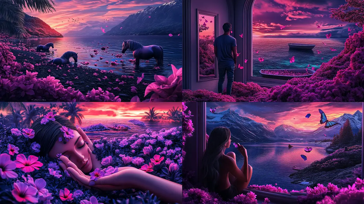 Twilight Dreamscape Series: A Synthesis of Surreal Romanticism and Vivid Nature - Midjourney sref style