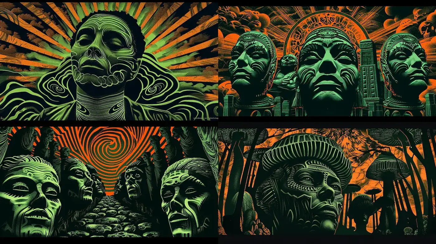 Surrealist Exploration of Ancient Landscapes with a Neon Palette - Midjourney sref style