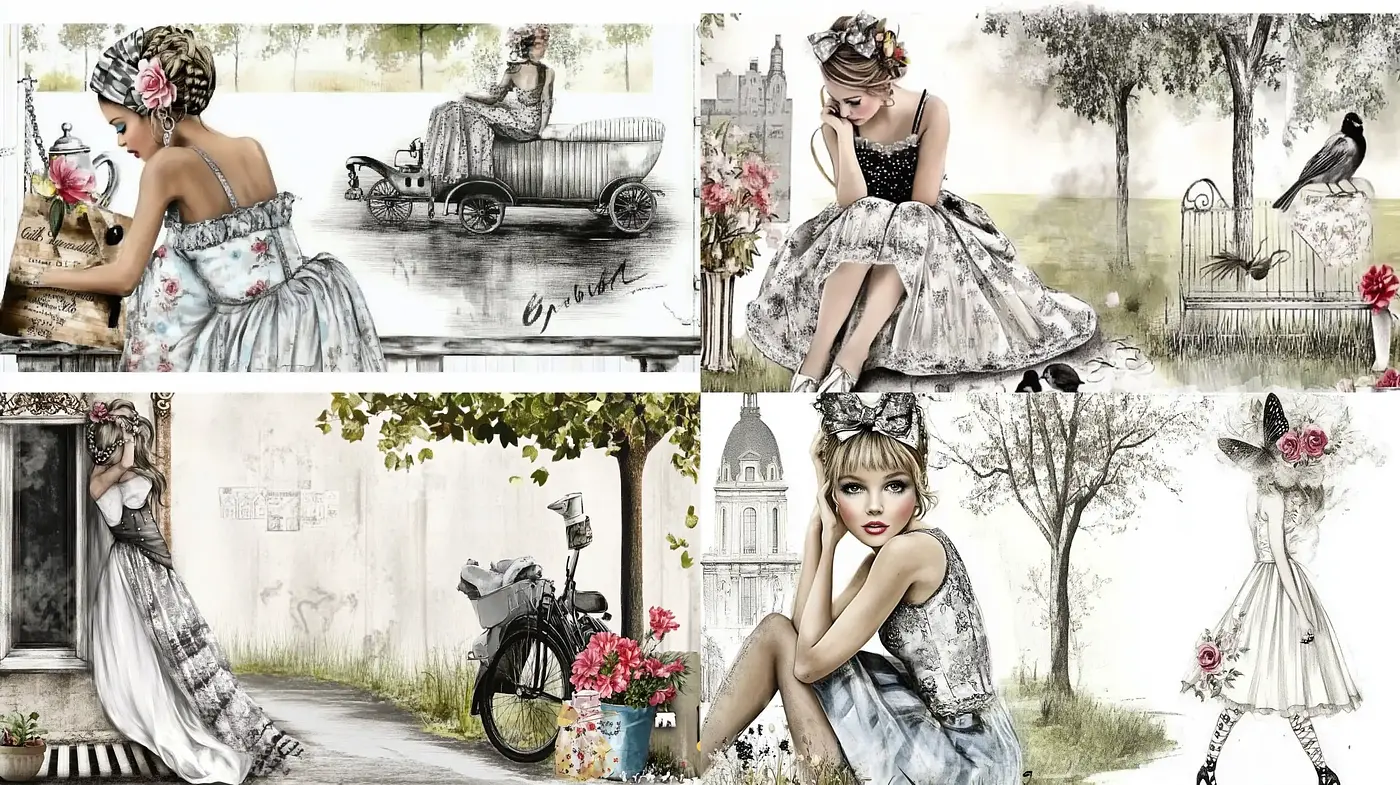 Whimsical Elegance in Monochromatic Pastels with a Vintage Touch - Midjourney sref style