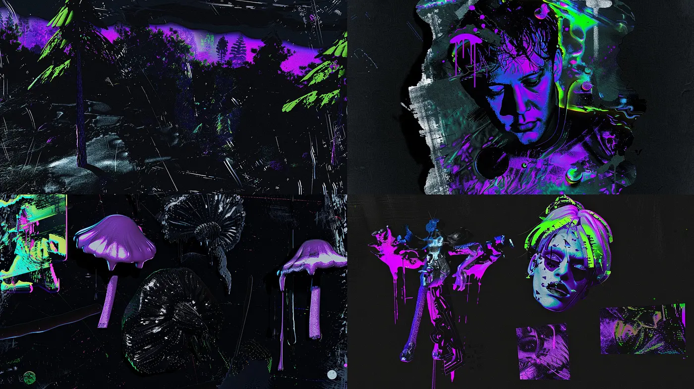 Neon Nocturne: A Fusion of Cyberpunk Vibrancy and Abstract Expressionism - Midjourney sref style