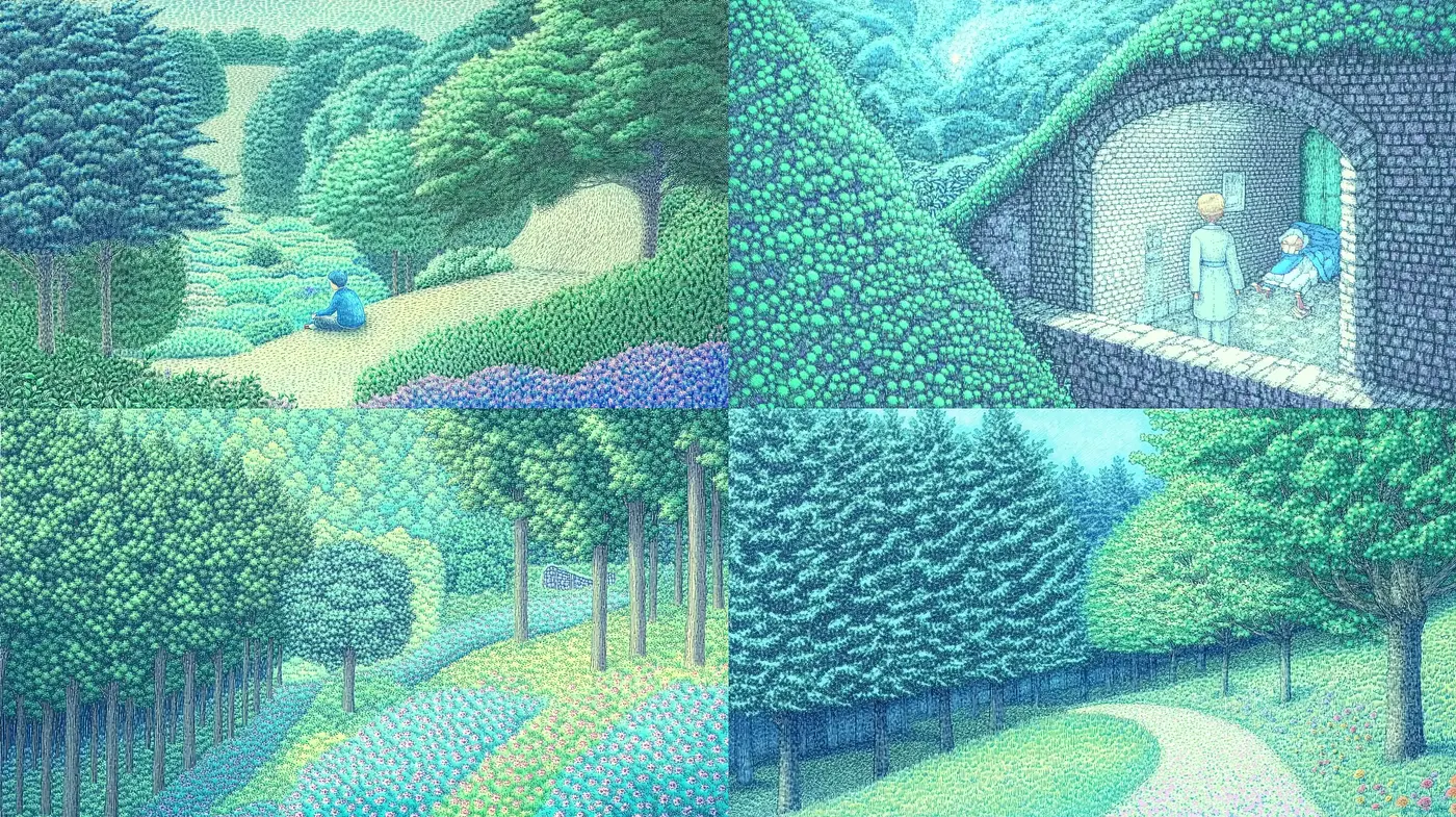 Enchanted Pointillist Landscapes with Pastel Hues - Midjourney sref style