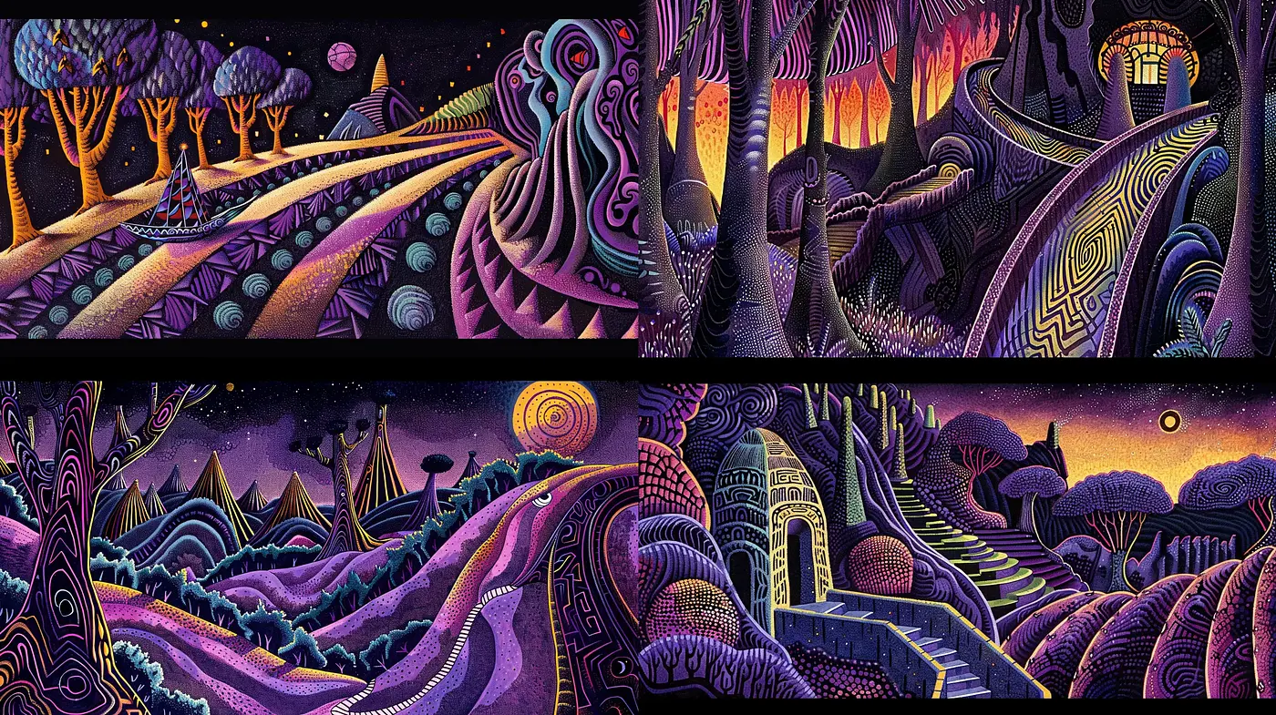 Surreal Twilight Dreamscapes with Vivid Textures - Midjourney sref style