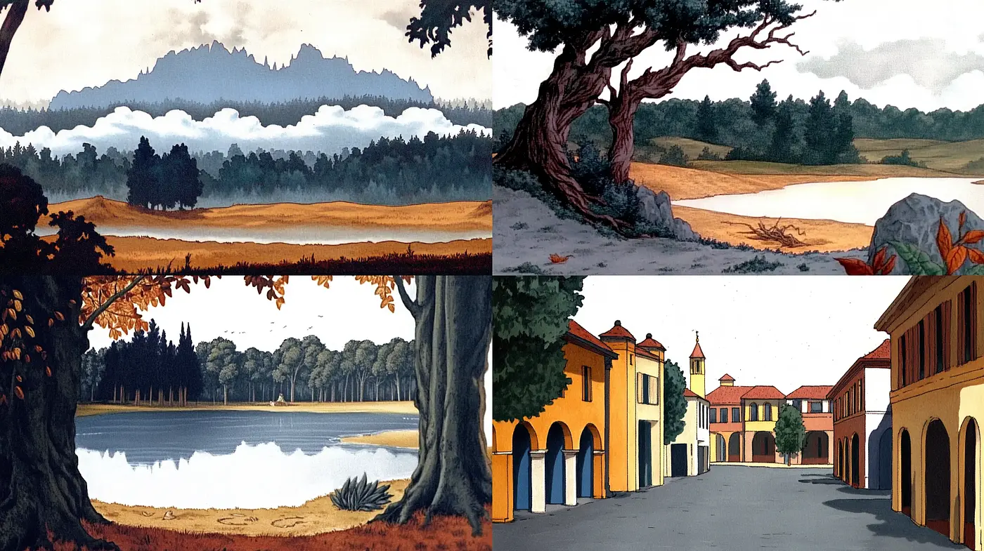 Serene Tableaus of Stylized Pastoral and Architectural Vistas - Midjourney sref style