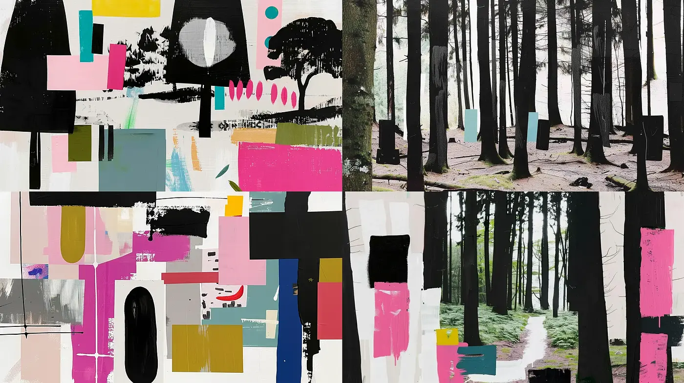Abstract Forestry Fusion: A Vibrant Overlay of Natural and Geometric Contrast - Midjourney sref style