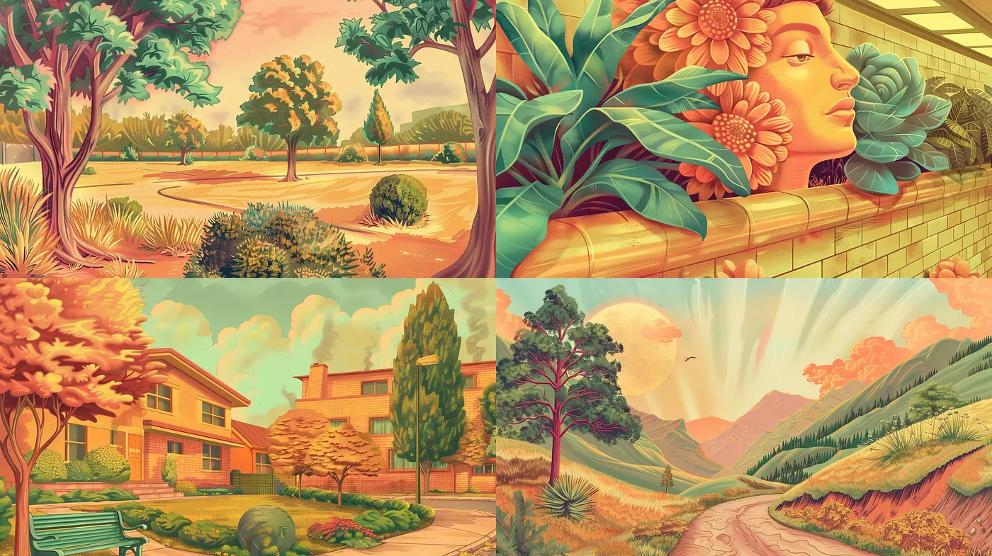 Warm Retro-futuristic Pastoral Dreamscapes: An Homage to Nostalgic Elegance - Midjourney sref style
