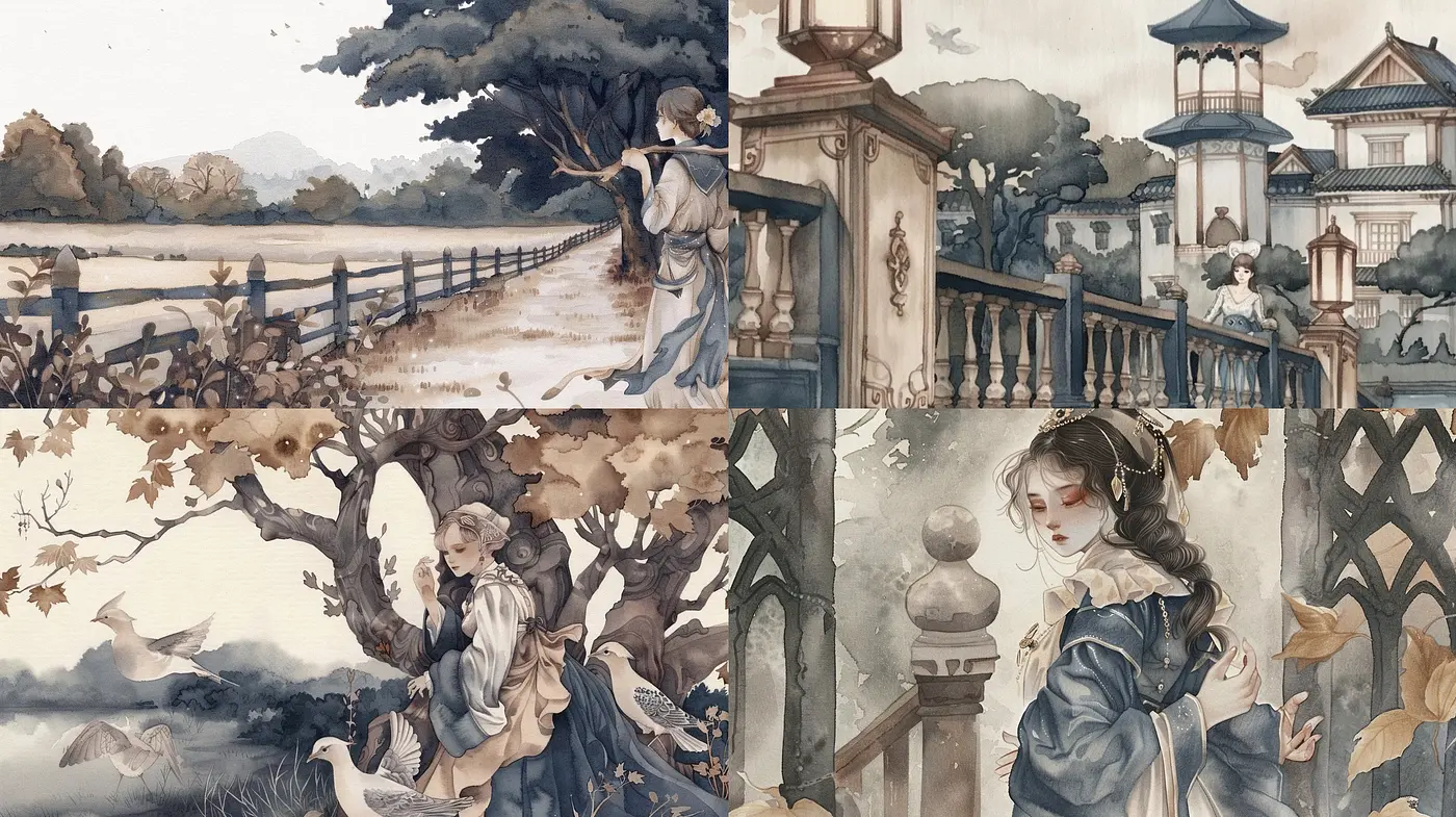 Ethereal Elegance of Nostalgic Pastoral Scenes in Muted Watercolor - Midjourney sref style