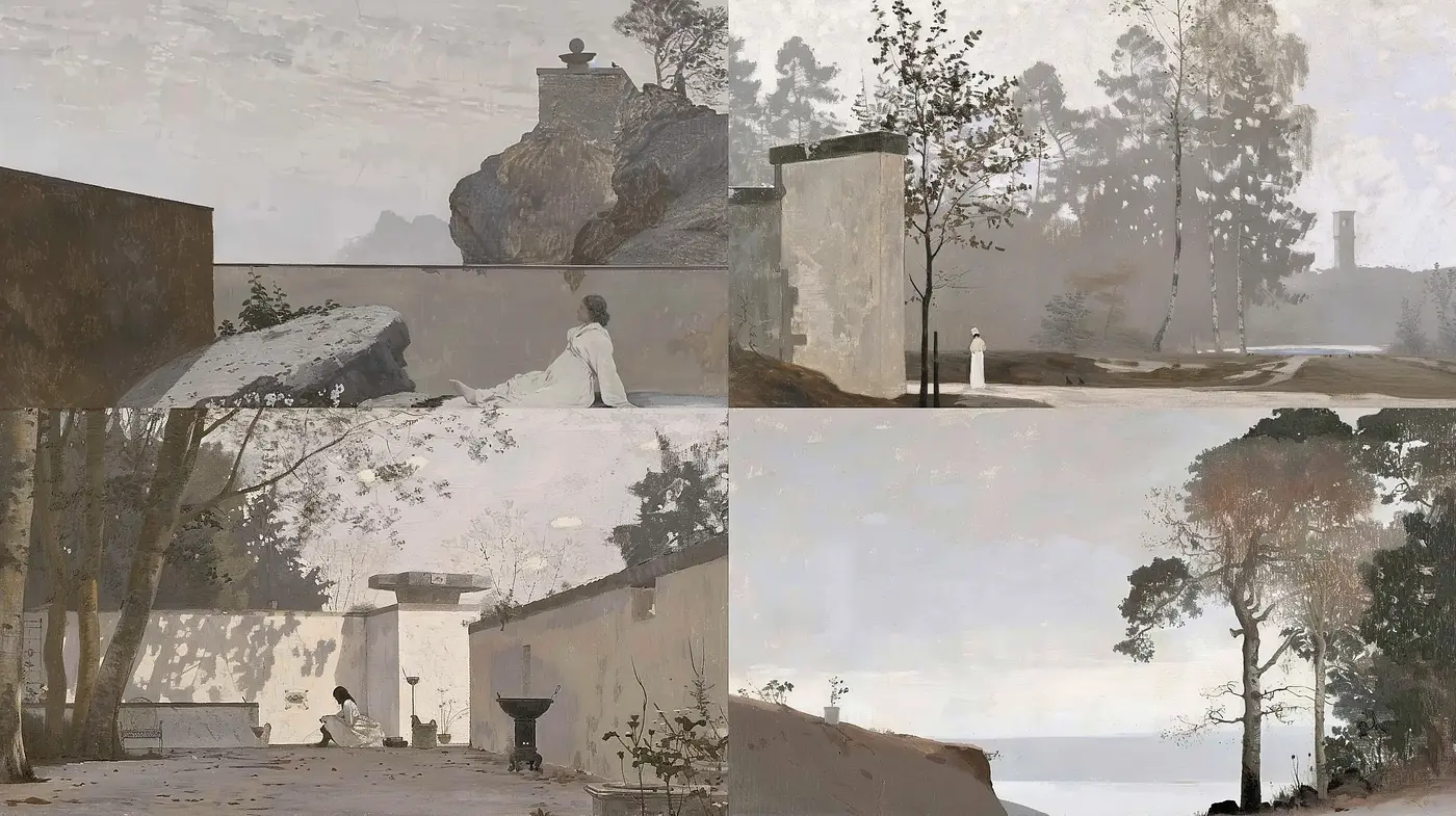 Ethereal Pastoral Vistas in Sepia Tones: A Nostalgic Cinematic Homage - Midjourney sref style