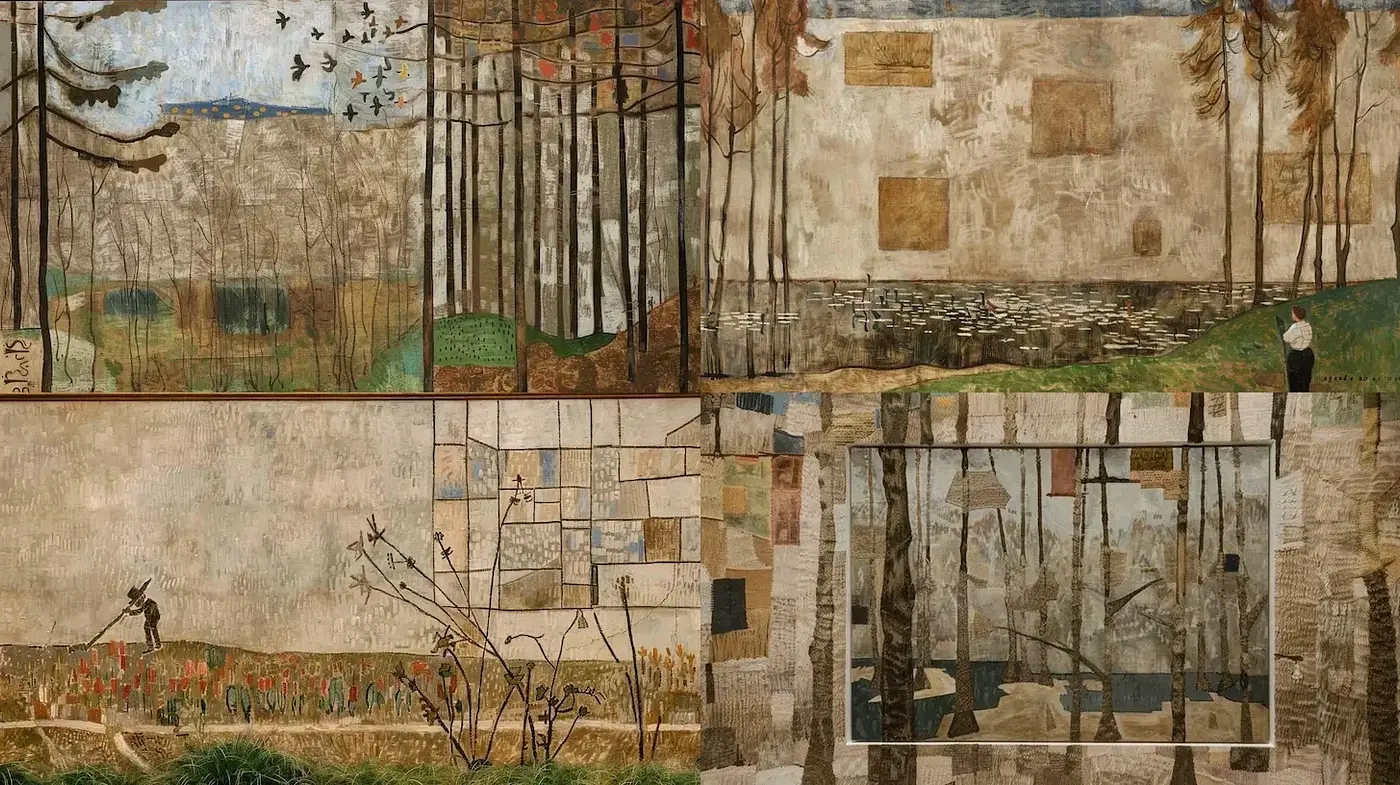 Textured, layered, and harmonious compositions with natural themes - Midjourney sref style