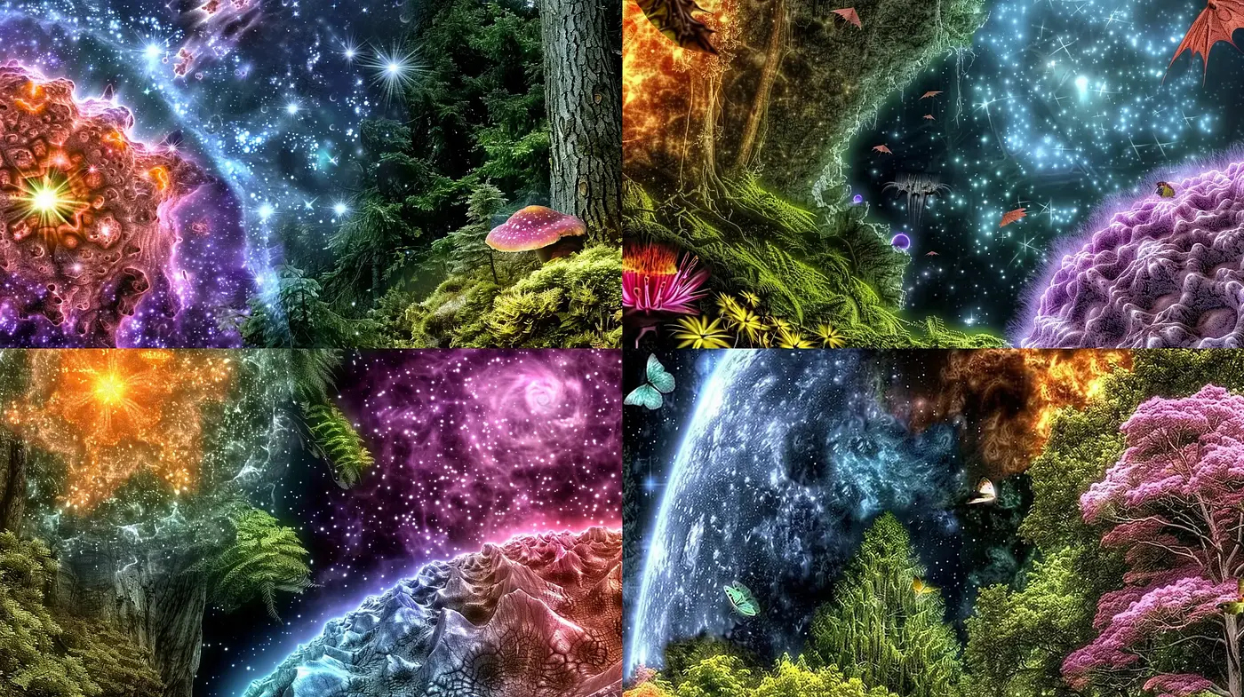 Cosmic Nature Fusion with Fantastical Elements - Midjourney sref style