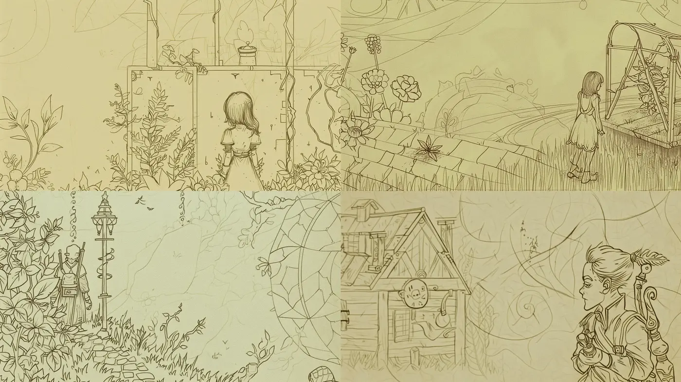 Whimsical Sepia-Toned Sketchbook Fantasy Scenes - Midjourney sref style