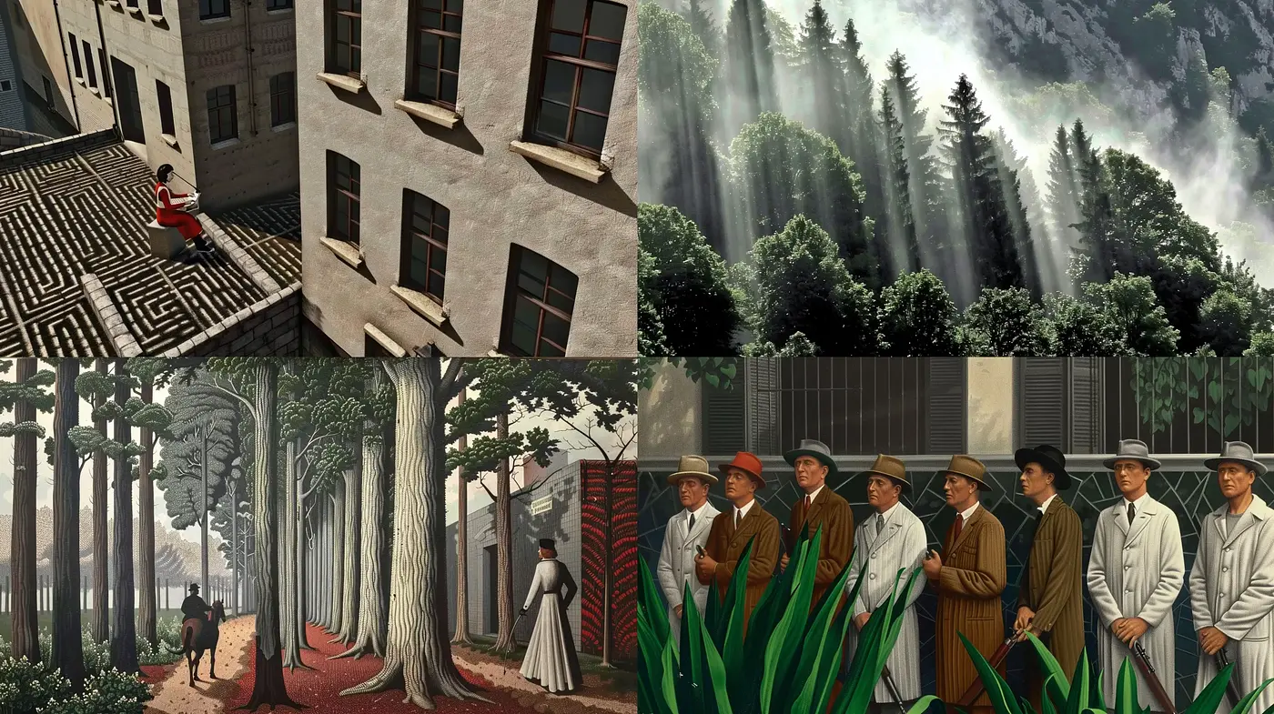 Enigmatic Reveries of Surreal Landscapes and Vintage Characters - Midjourney sref style