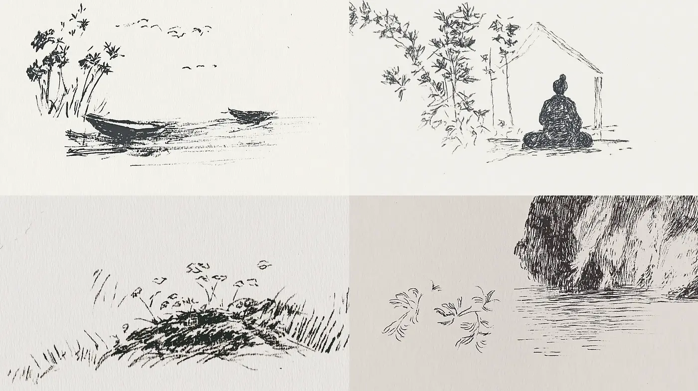 Uniform Ink Sketches Displaying Natural Serenity and Human Reflection - Midjourney sref style