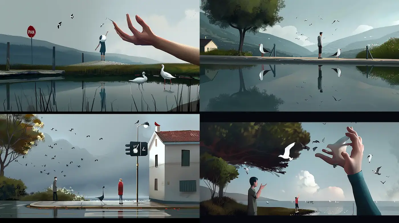 Contemporary surreal landscapes with introspective themes and environmental elements - Midjourney sref style