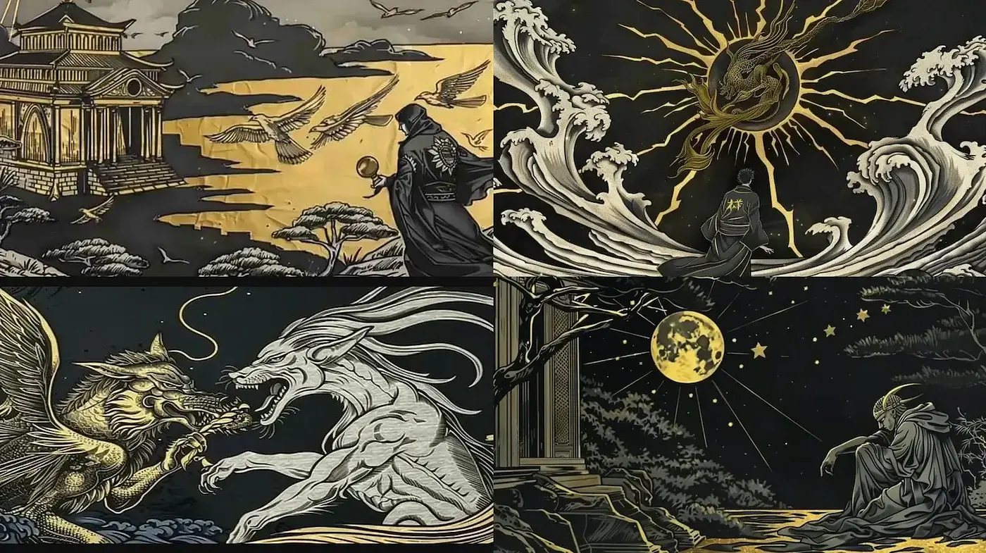 Mesmerizing Juxtaposition of Mythical Elements and Classical Architecture - Midjourney sref style