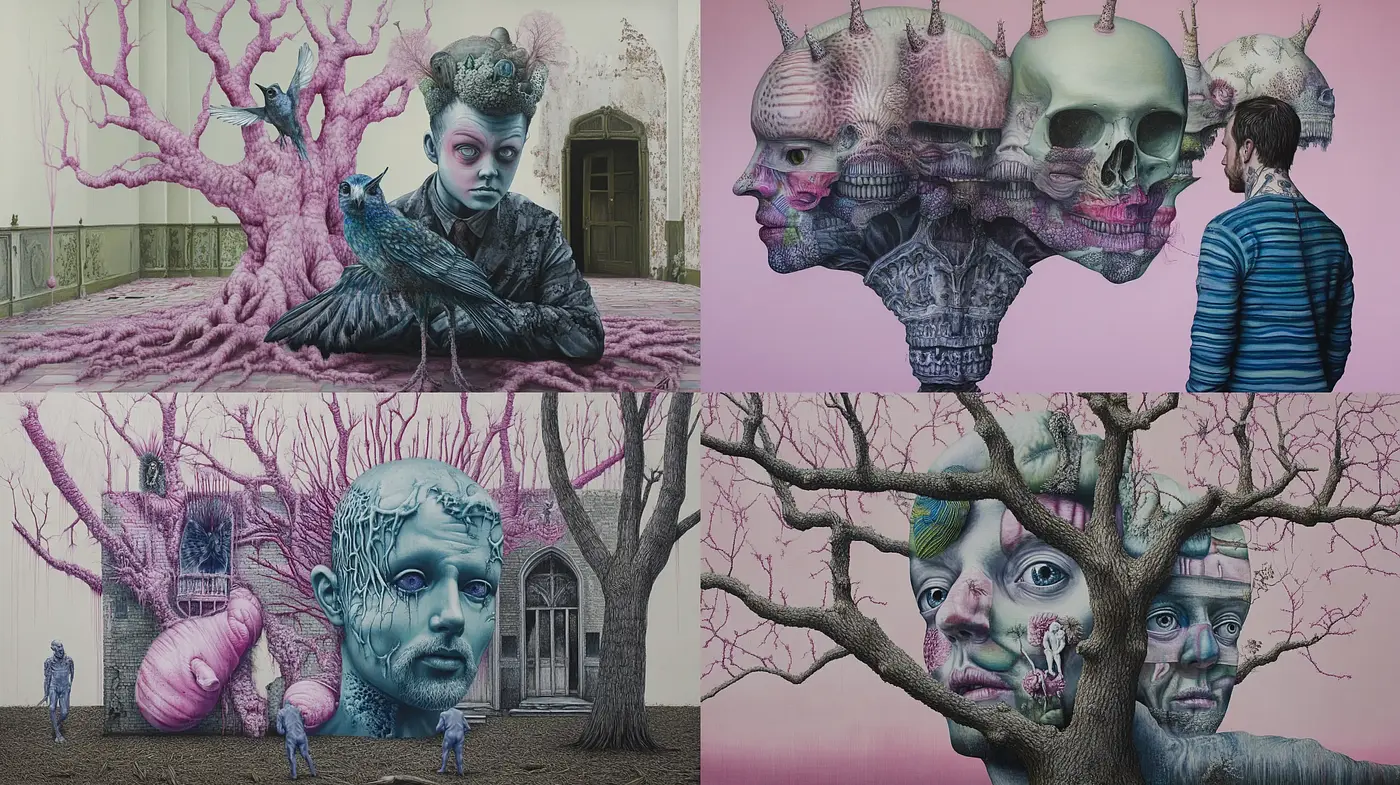 Surrealist Dreamscape with Ethereal Pink Hues - Midjourney sref style