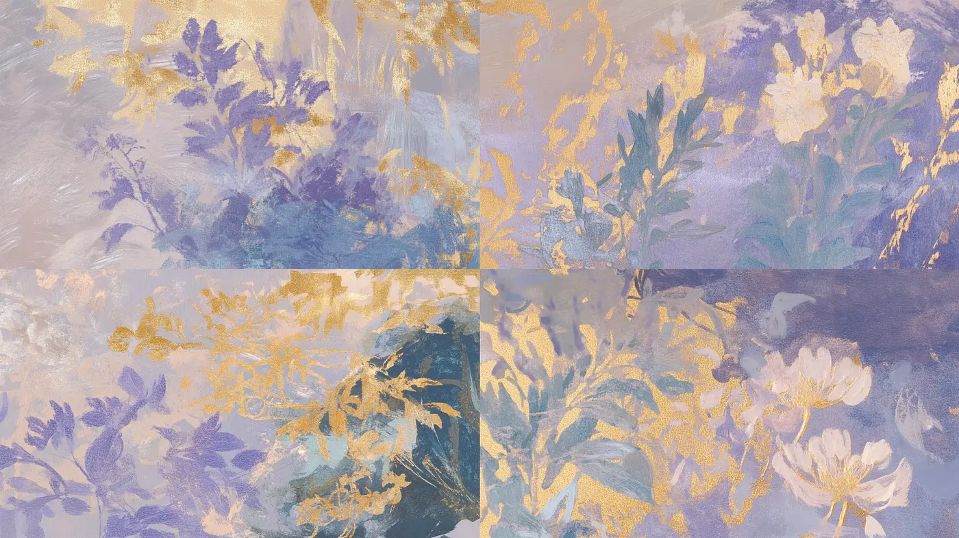 Ethereal Brushwork Harmony in Pastel and Gold - Midjourney sref style