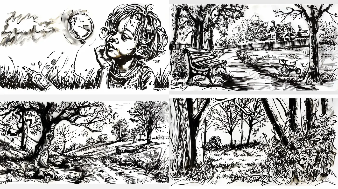 Whimsical and Nostalgic Ink Illustrations Capturing Nature and Innocence - Midjourney sref style