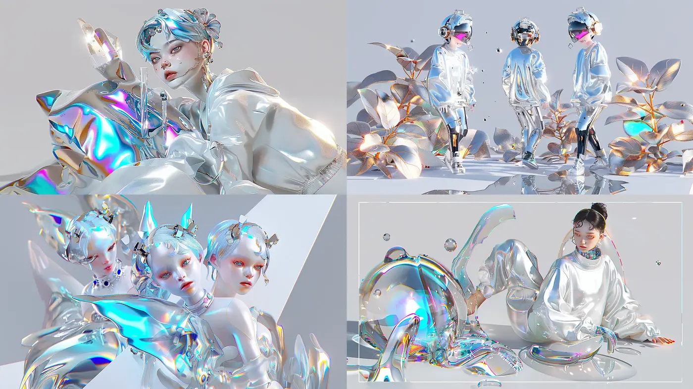 Futuristic Iridescence: A Harmony of Reflective Elegance and Digital Artistry - Midjourney sref style