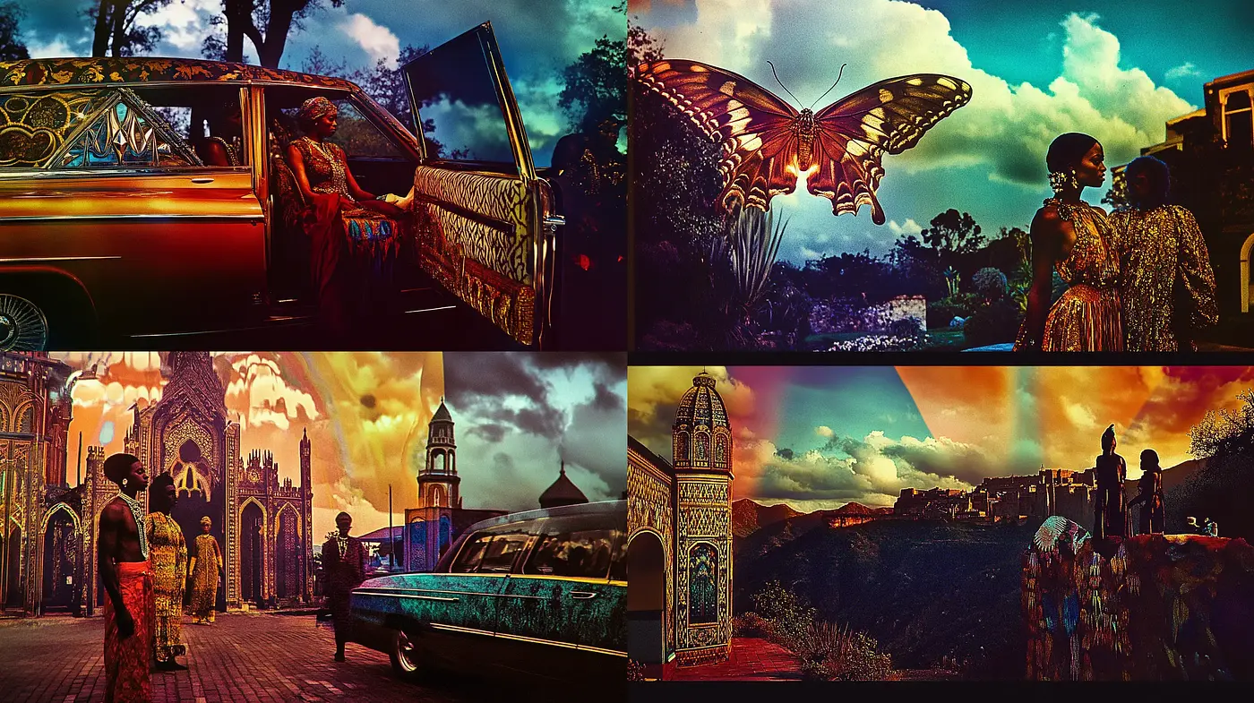 Sunset Hues and Silhouette Dreams: A Dystopian Fusion of Vivid Textures and Contrasts - Midjourney sref style