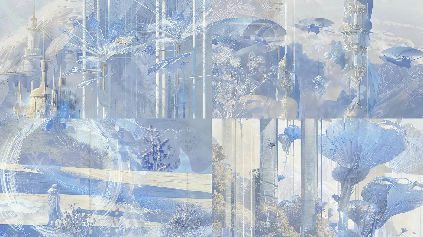 Ethereal Dreamscape Fusion with Hues of Blue and White - Midjourney sref style