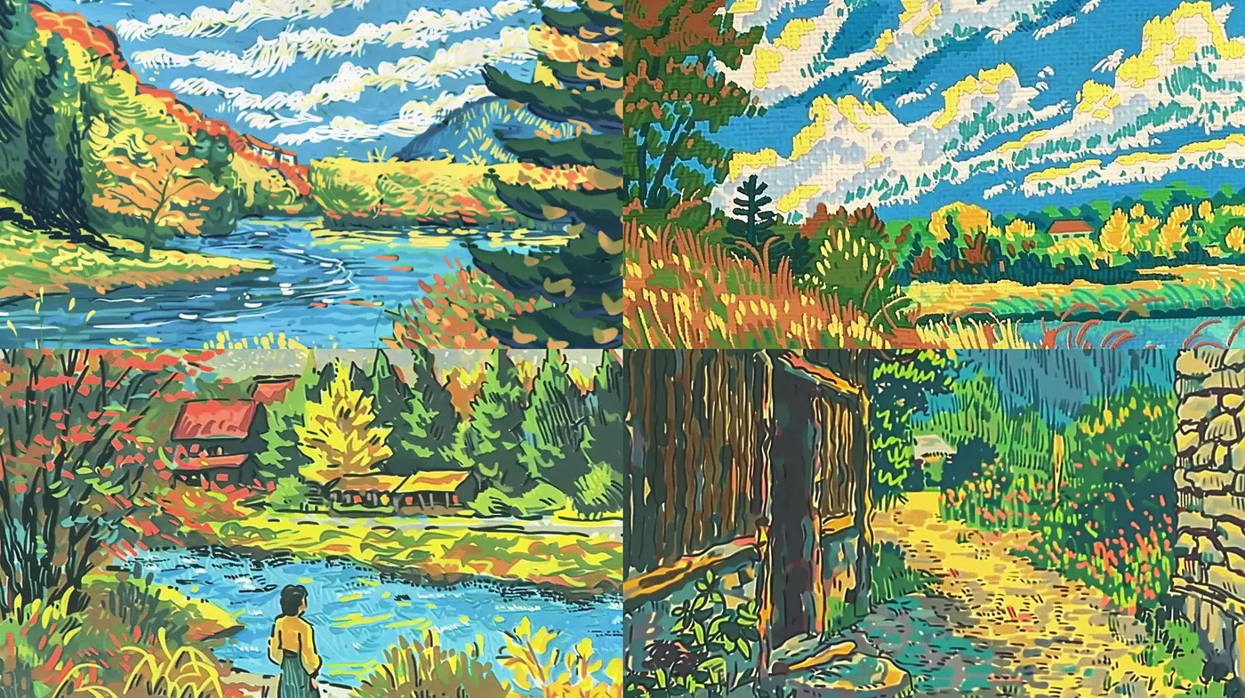 Vibrant Post-Impressionist Landscape Tapestry - Midjourney sref style