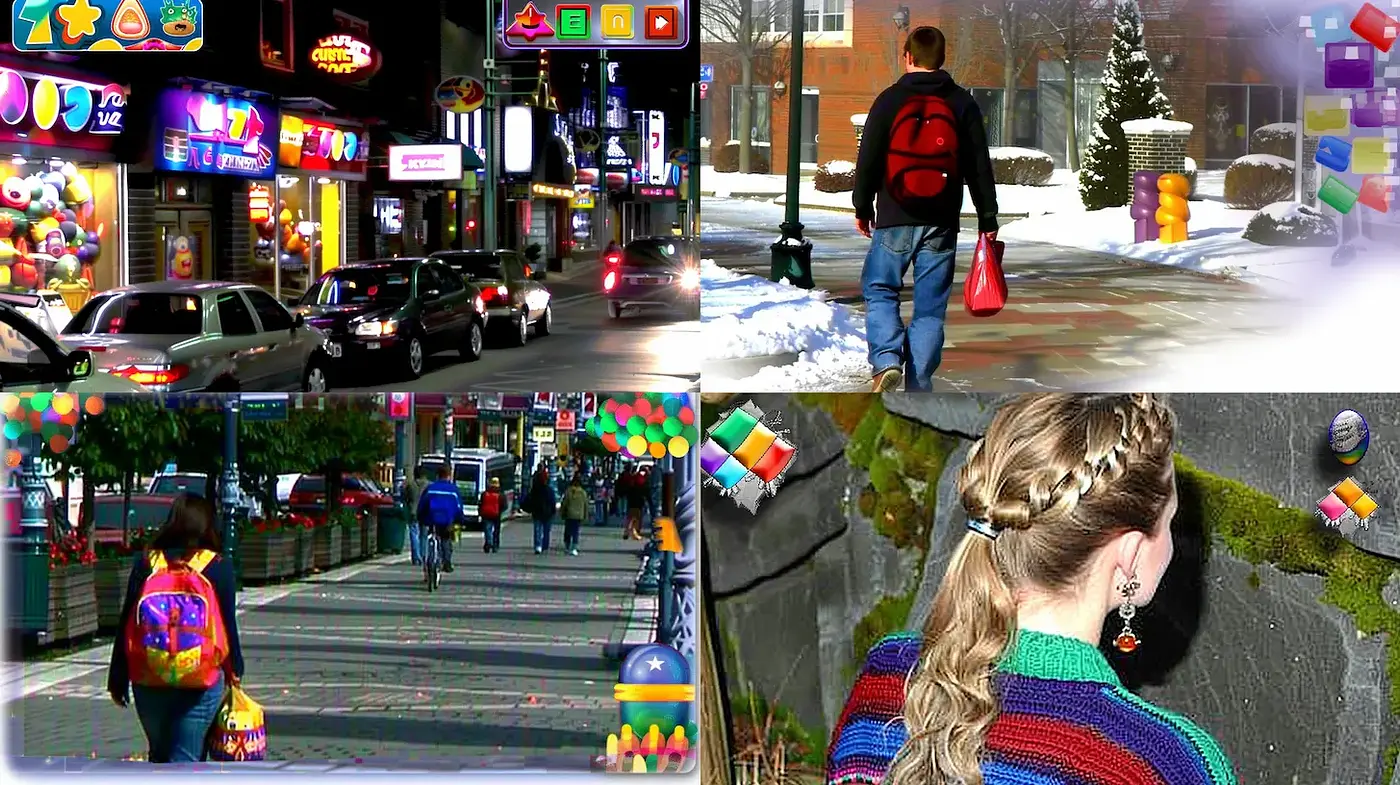 Vibrant and Playful Urban Scenes with a Whimsical Touch - Midjourney sref style