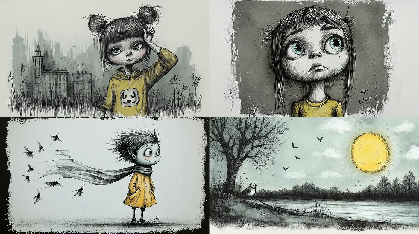 Melancholic Whimsy in Monochromatic Shades with Surrealist Undertones - Midjourney sref style
