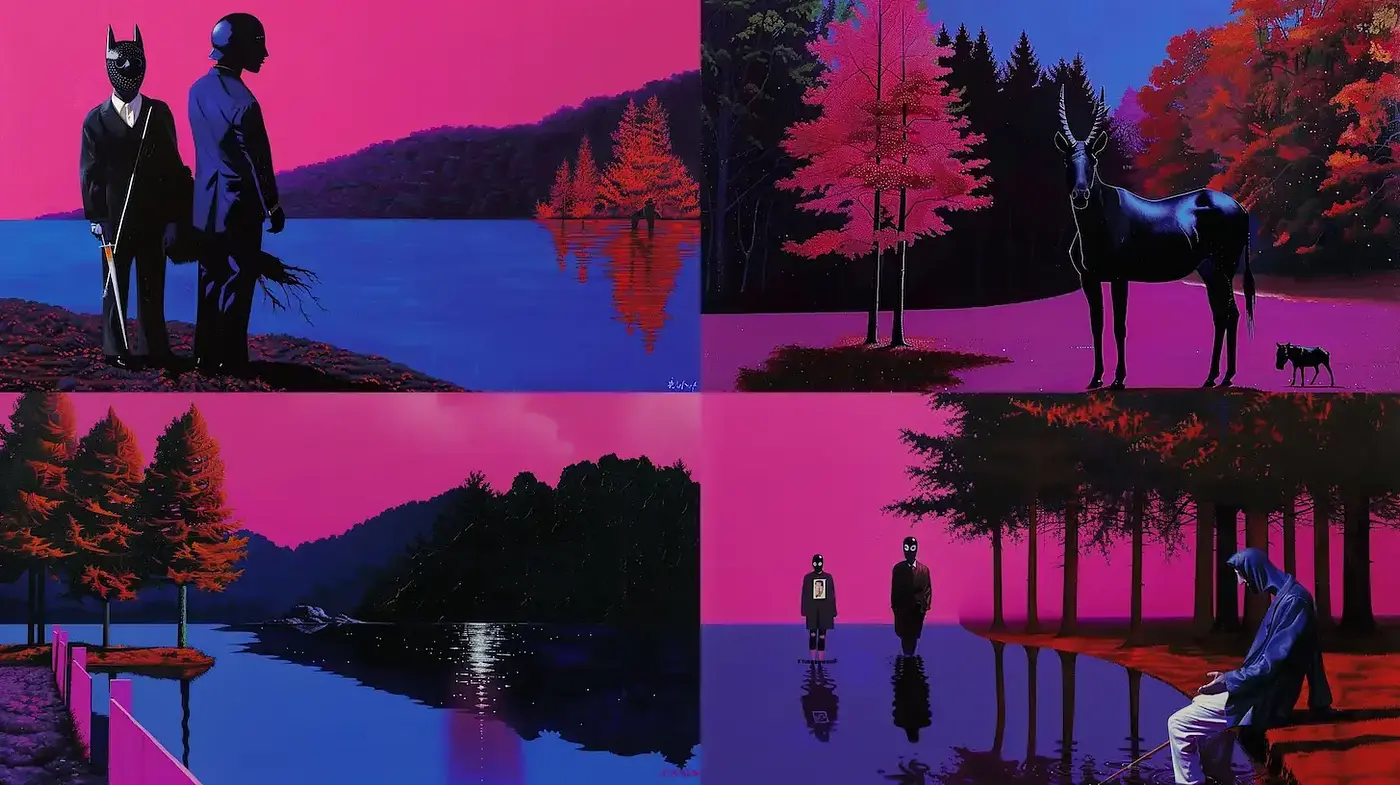 Surreal Landscape with Vivid Contrast and Mystical Elements - Midjourney sref style