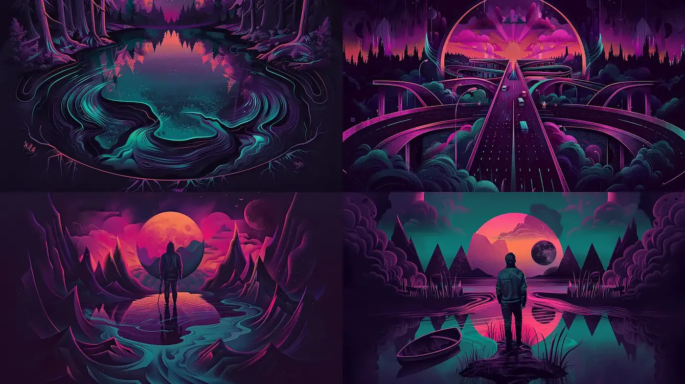 Ethereal Landscapes with Neon Accents and Dreamlike Compositions - Midjourney sref style