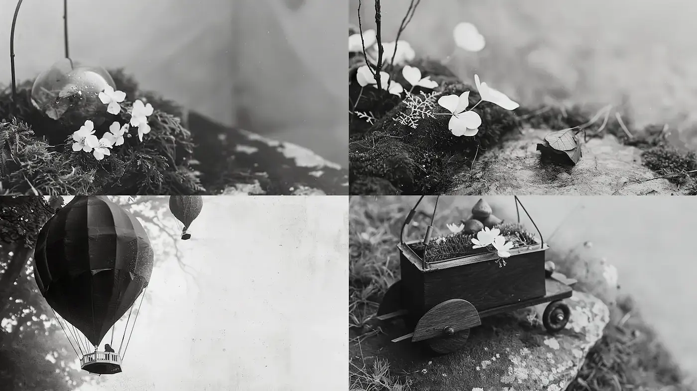 Whimsical Black and White Imagery with Natural Elements - Midjourney sref style