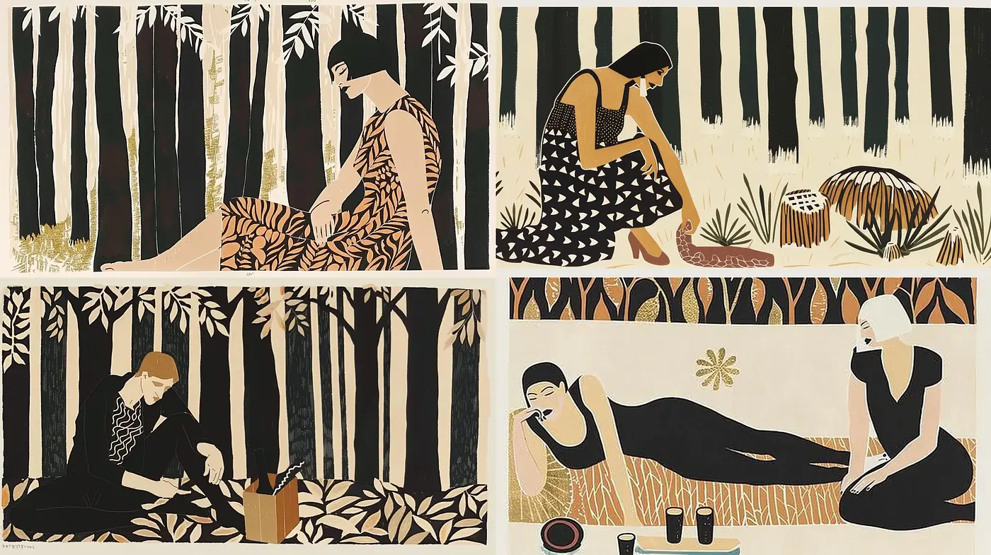 Earthen Hues and Simplified Forms: A Nostalgic Homage to Art Deco Elegance - Midjourney sref style