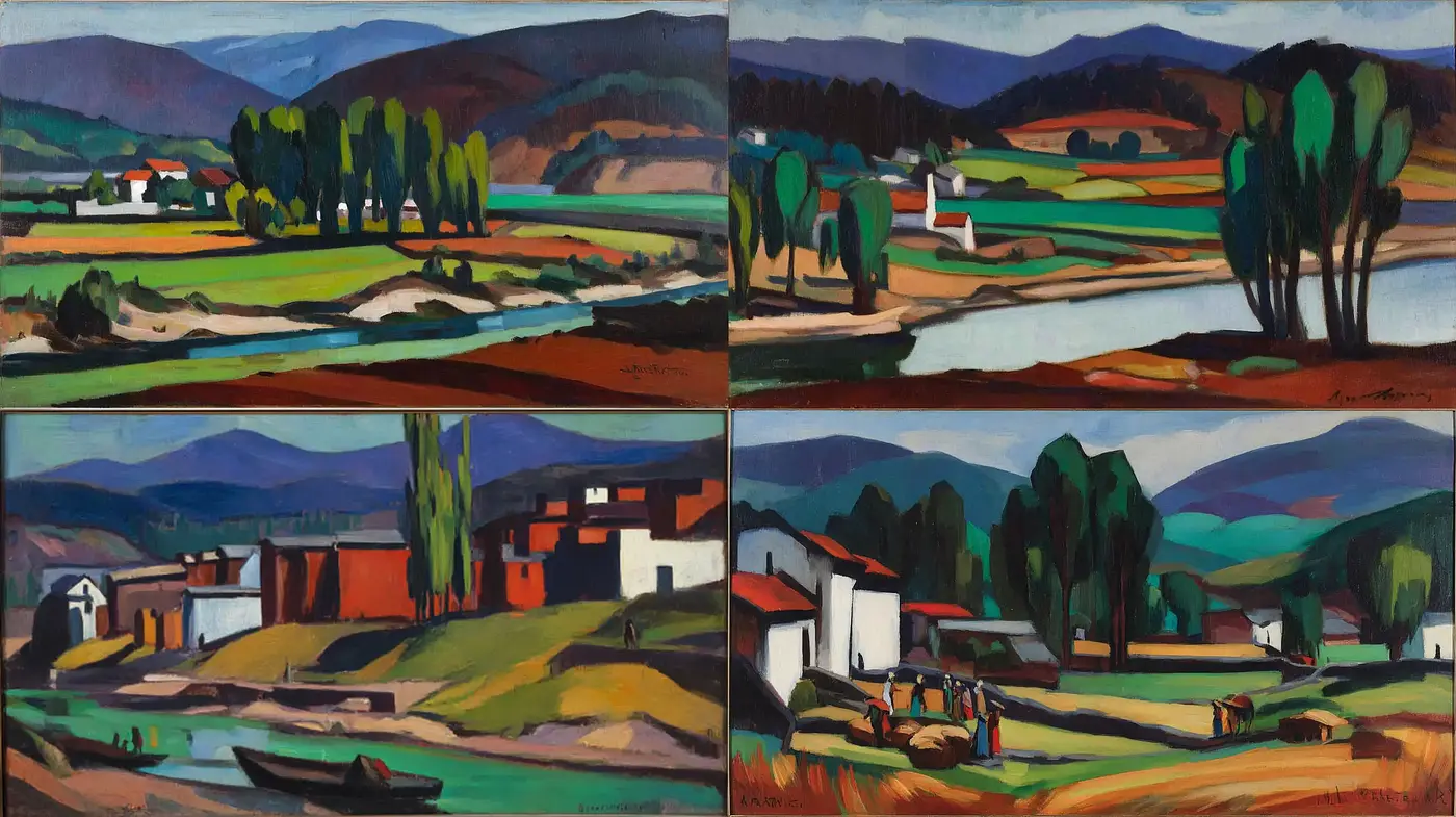 Vibrant and Structured Landscapes with Influence of Figurative Abstraction - Midjourney sref style