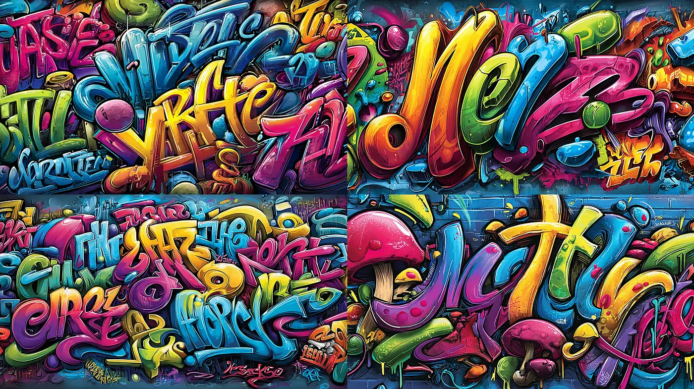Dynamic and Colorful Urban Graffiti Art with Bold Typography - Midjourney sref style